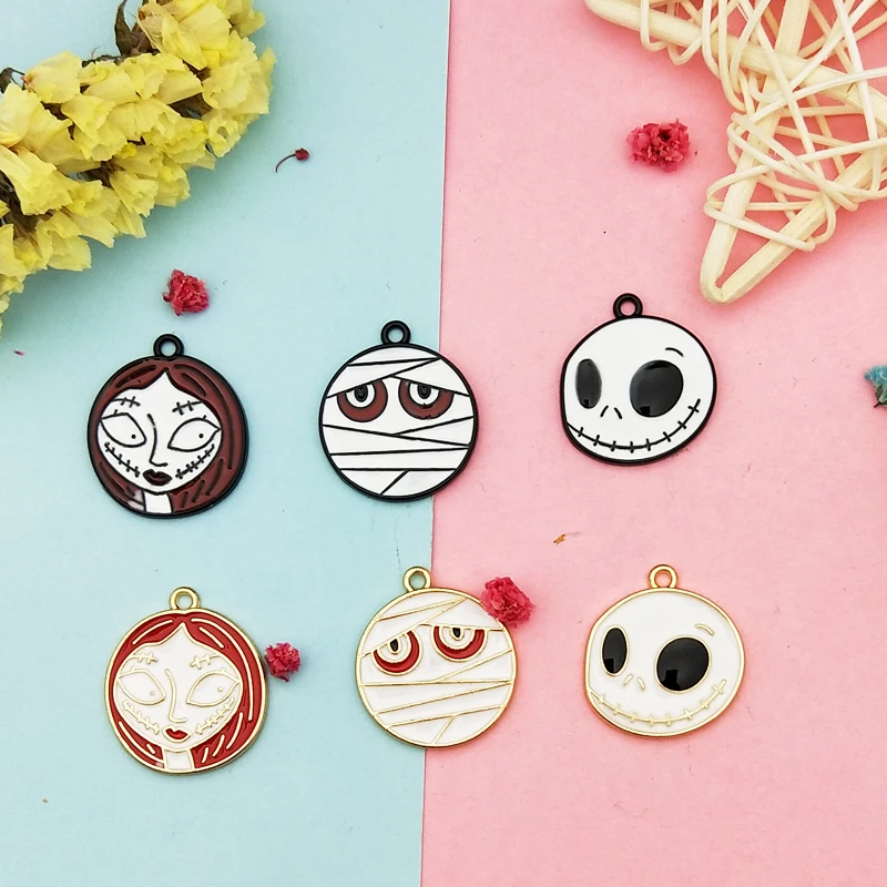 

10pcs Halloween Series Round Alloy Pendants Charm Girl Skull Mummy Enamel Charm Earring Bracelets DIY Jewelry Accessory Decor