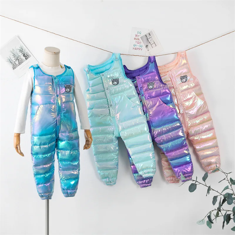 

New Infants Toddlers Colorful Down Cotton Overalls Boys Girls Winter Thickening Warm Outer Wear Baby Open File One-piece Pants