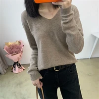 autumn and winter new v neck knitted womens loose and thin non cashmere pullover sweater solid color long sleeved bottoming top