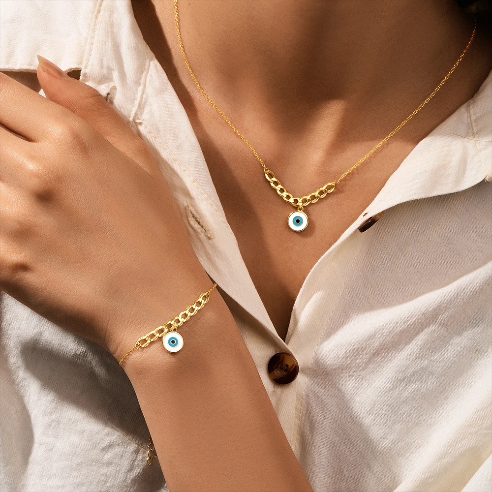 

CANNER New 925 Sterling Silver Gold Jewelry Set Cuban Chain Enamel Devil's Eye Pendant Necklace Bracelets for Women Gift bangles