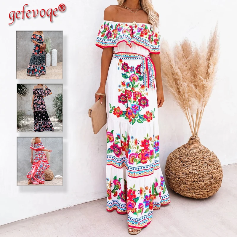 

Summer Print Vintage Long Dresses For Women Sexy Off-Shoulder Ruffle Fashion Boho Party Maxi Dress 2021 Ladies Beach Sundress