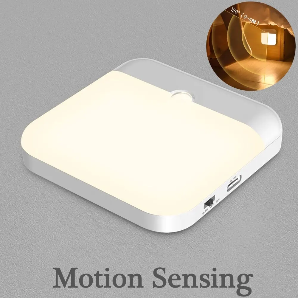 

Motion Sensor LED Light USB Charging Square Lamp for Bedroom Bedside Kitchen Stair Hallway Wardrobe Cupboard Lighting Night Lamp