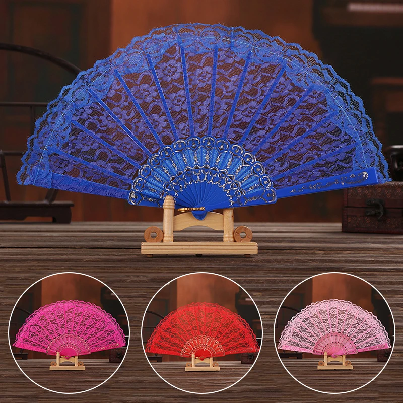 

1PC Hollow Lace Hand Held Fan Solid Color Folding Flower Fans Festival Gift Decorative Crafts Art