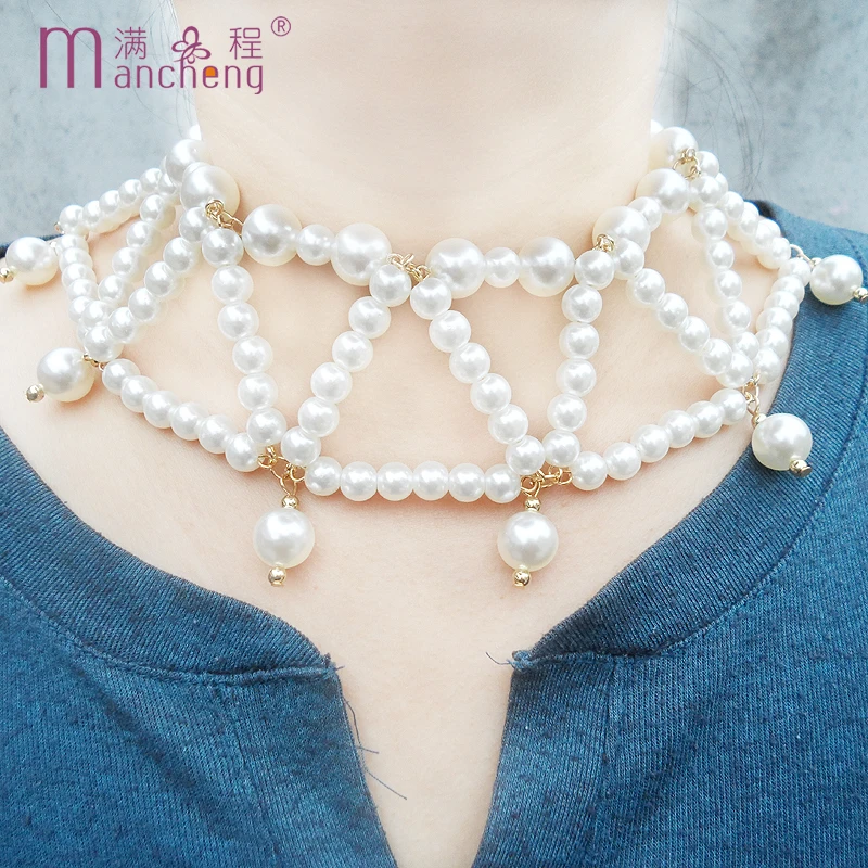 

Multilayer Layered Short Crude Gothic Hyperbole White Pearl Beads Chokers Necklaces Women Girl Golden Bijoux Femme Wholesale