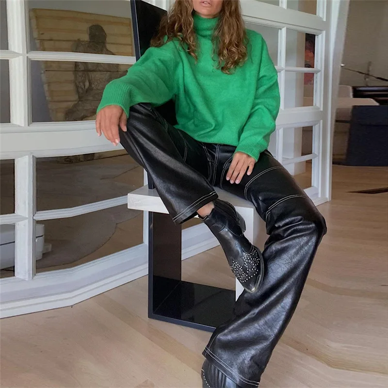 

Women Y2K Solid Color Leather Leggings High Waist Zipper Closure Bodycon Trousers