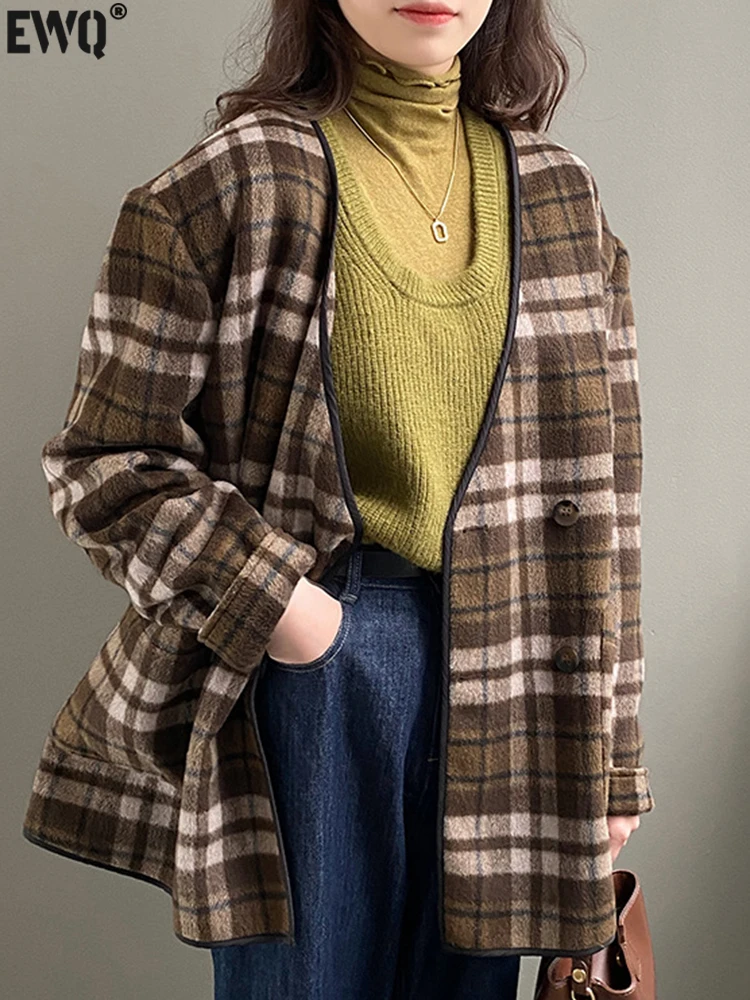 

[EWQ] Cotton Plaid Woolen Coat Vintage Long Sleeve Double Breasted Loose V-neck Autumn Thin 2023 New Tide Wool Jacket Outwears