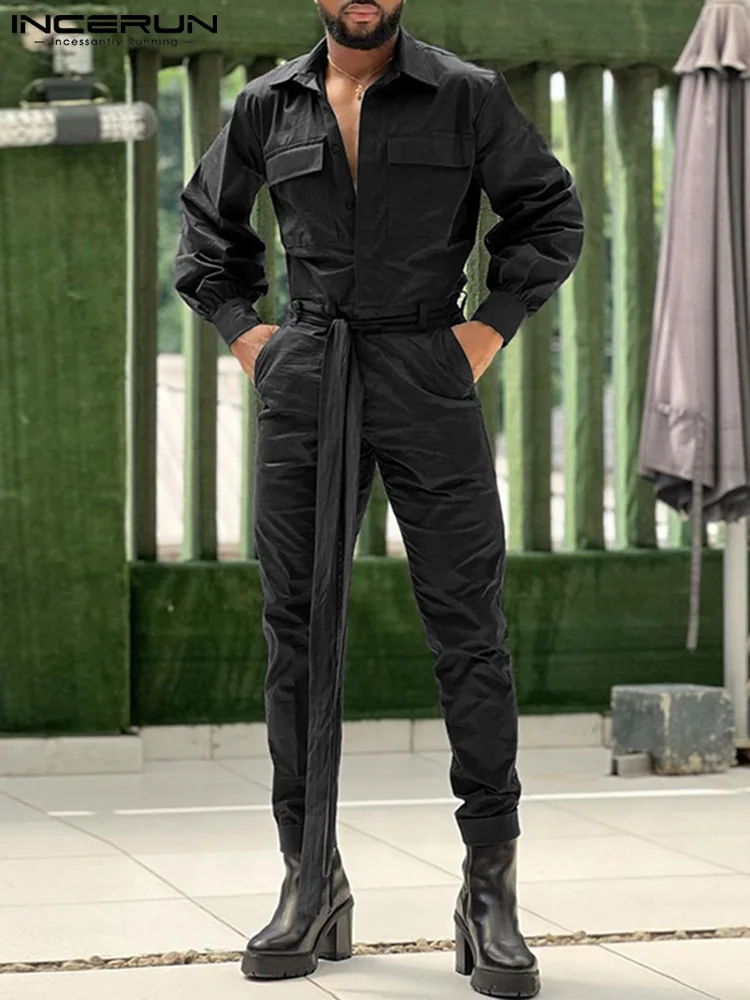 Fashion Men Jumpsuits Solid 2022 Long Sleeve Backless Lace Up Rompers Streetwear Pockets Casual Cargo Overalls INCERUN S-5XL