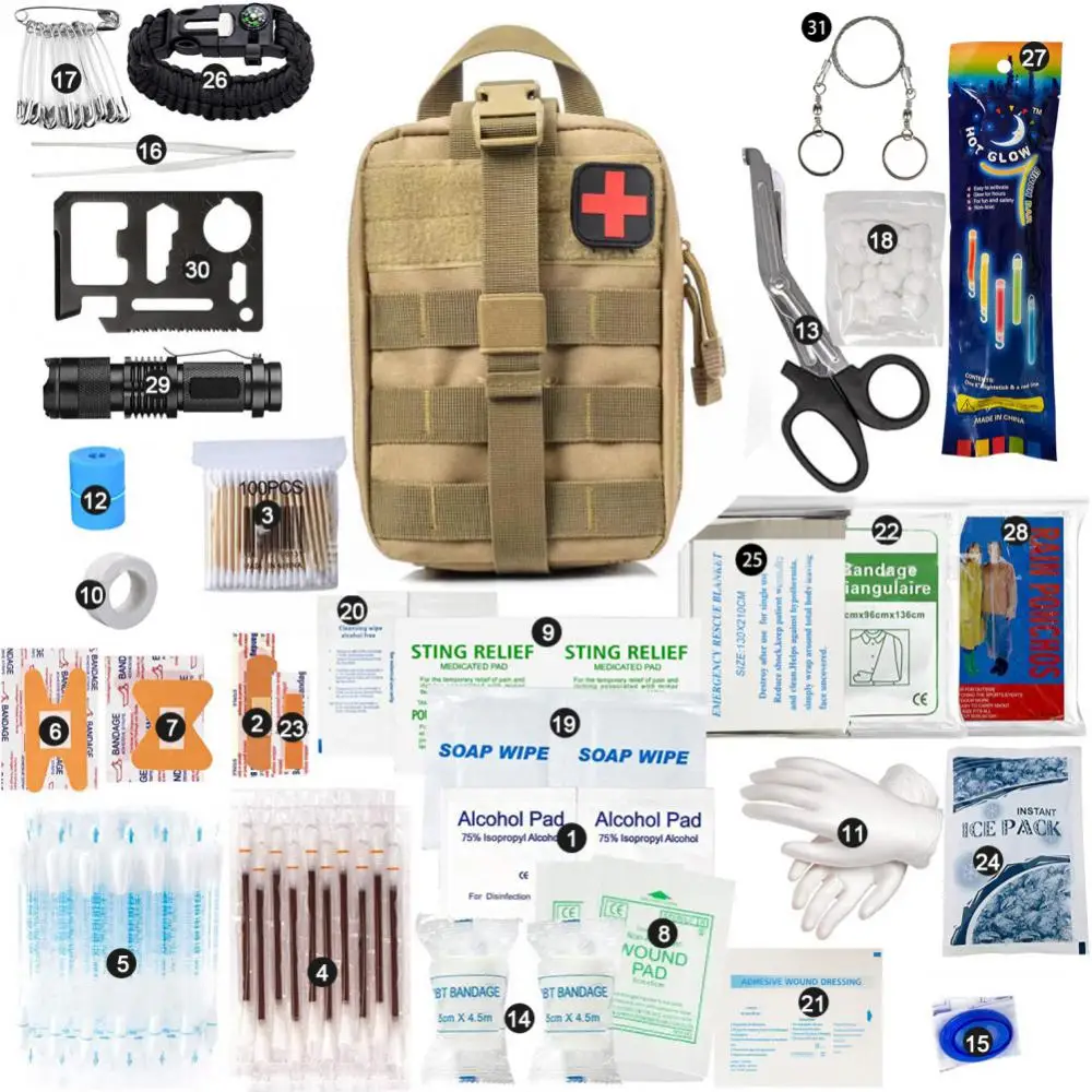 

32 Pieces Outdoor Emergency Supplies Health Care Tactical Package Pvc Gloves Multi Function Survival First-aid Equipment