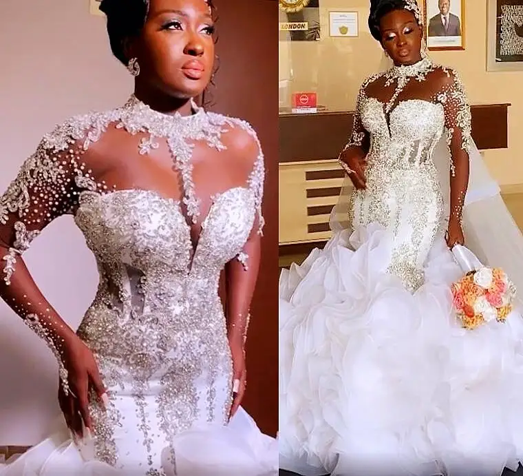 

Arabic Aso Ebi Luxurious Beaded Crystals Wedding Dress Sheer Neck Organza Tiers african black girl mermaid Bridal Gowns Dresses