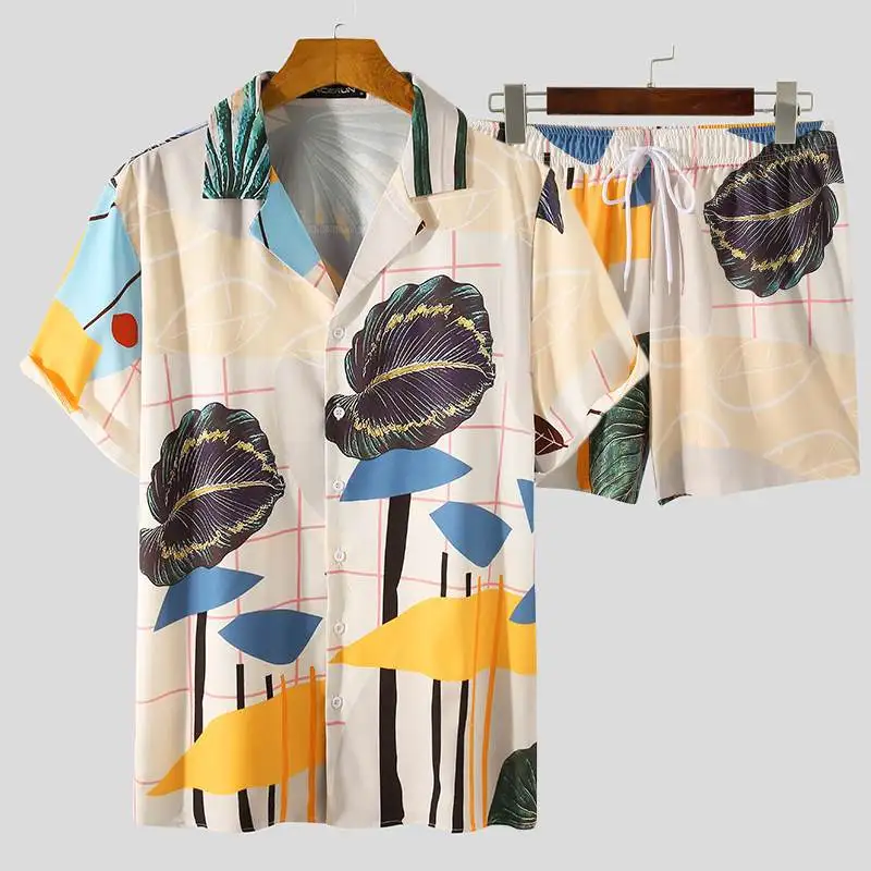 

Hawaiian Shirt Men for Shirt Clothing Summer 3D Fashion Print Lapel Short Sleeve Top + Beach Shorts 2 Piece Casual Loose Camisa