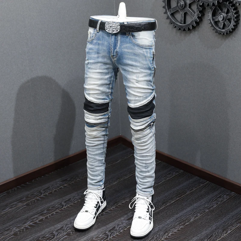 High Street Fashion Men Jeans Retro Light Blue Stretch Skinny Ripped Biker Jeans Homme Spliced Designer Hip Hop Brand Pants Men