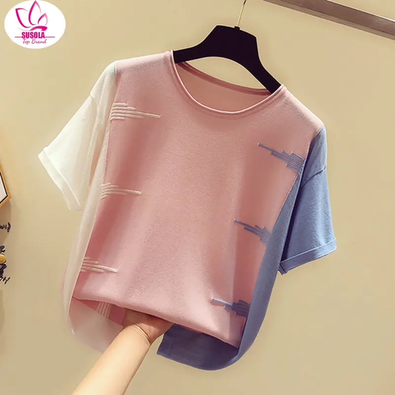 

SUSOLA Casual Slim Women Tops Nice Short Sleeve Ladies Shirt Korean Blouse Women Blusas Mujer Lady Summer Knitted Tee Shirt