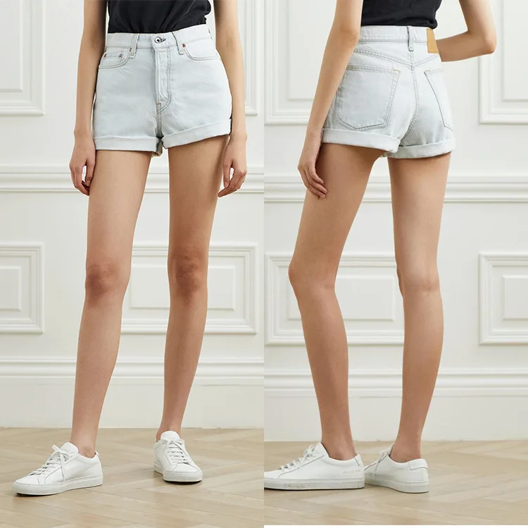 22 Fashion Classic Trendy luxury design New Washed Light Blue High Waist Flanging Straight Cowboy Shorts Girl