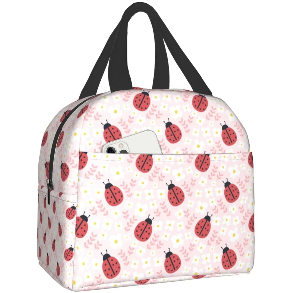 

Ланч-бокс с Божьими коровками и цветами, изолированный многоразовый водонепроницаемый бокс для еды и пикника, с передним карманом