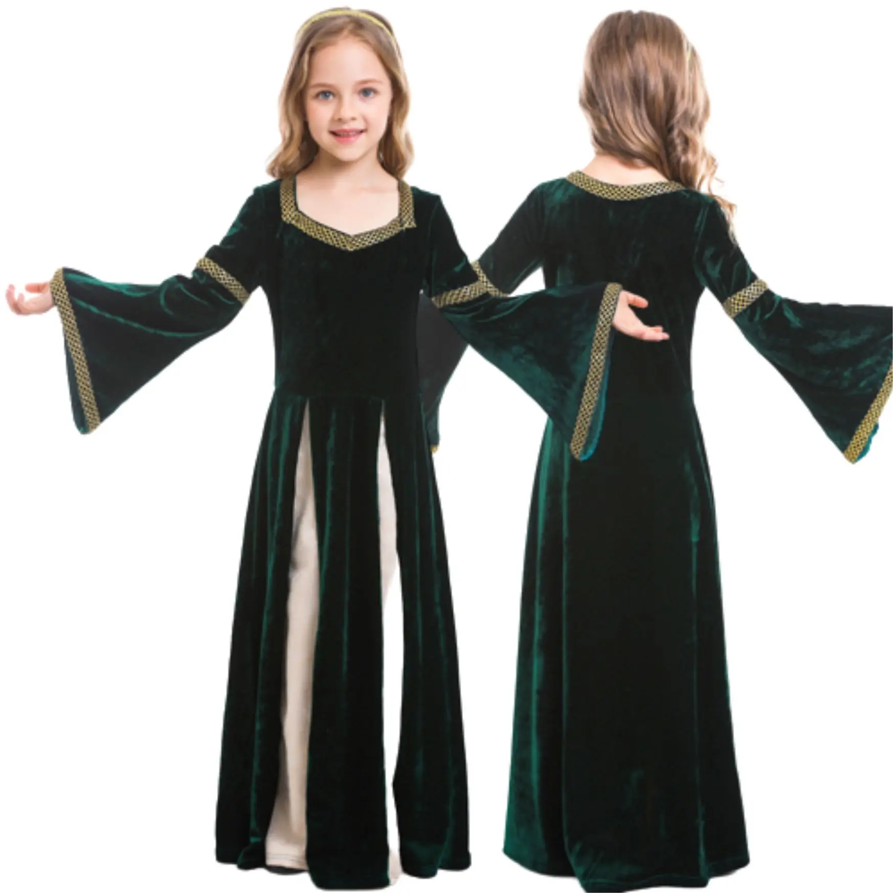 

Kids Medieval Vintage Court Dress Green Velvet Robe Renaissance Girls Swing Dress Queen Vampire Halloween Cosplay Costumes