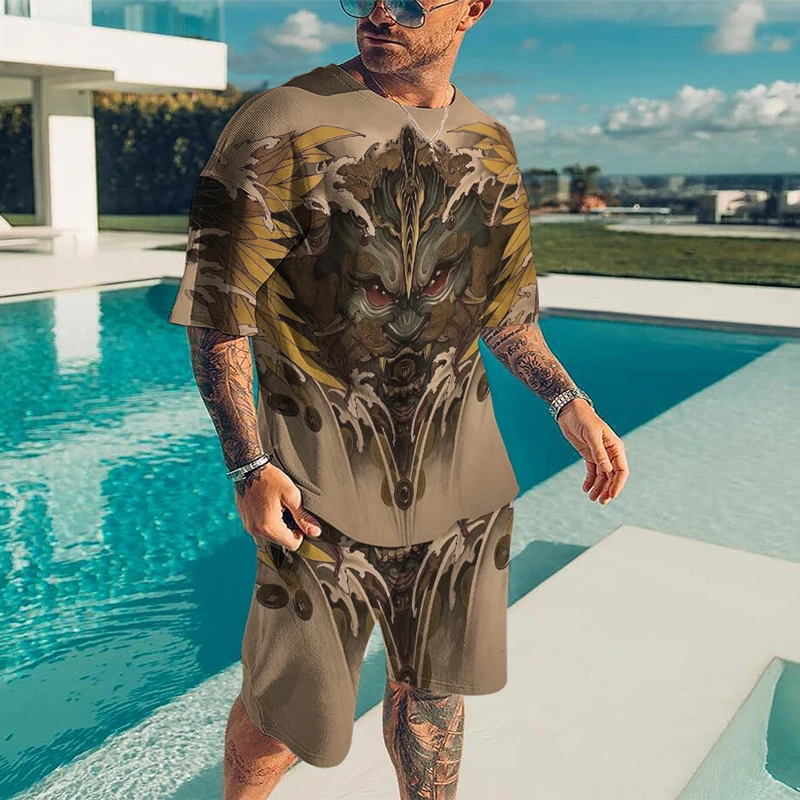 New Summer Cool Men Demon Monster Print  Short-sleeve Fitness Homewear T-Shirt + Shorts 2 Pieces Set  Male Tracksuits Oversized