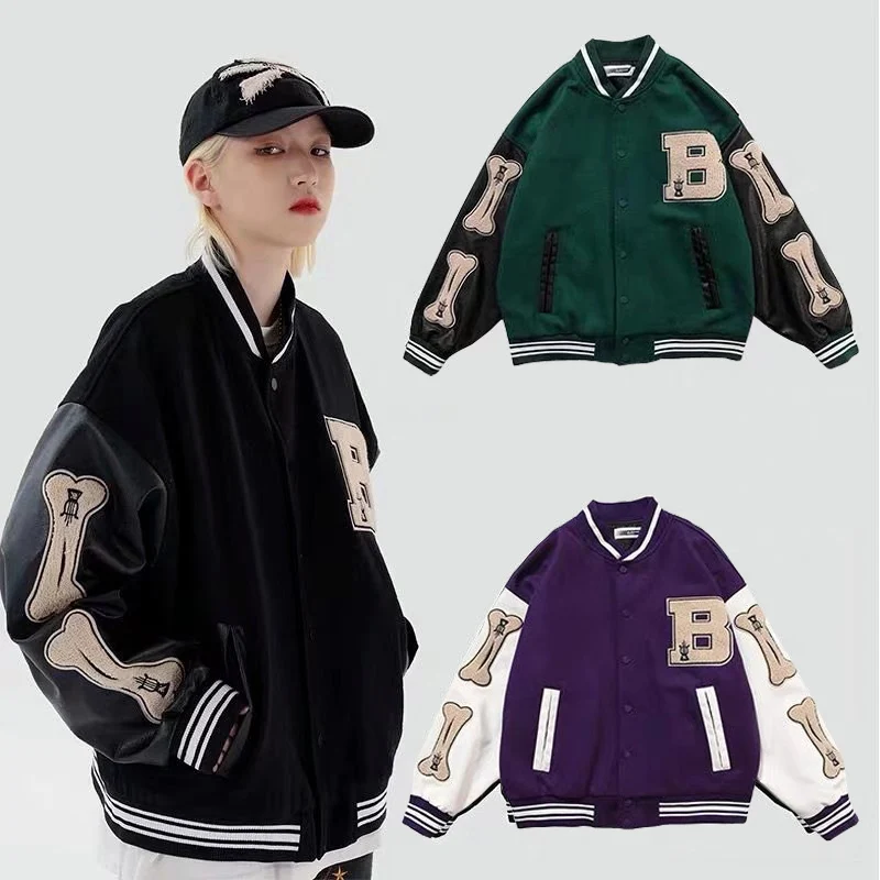 

Mens Hip Hop Baseball Jacket Coat Embroidery Fur Bone Letter Patchwork Harajuku College Varsity Bomber Jacket Oversize Clearance