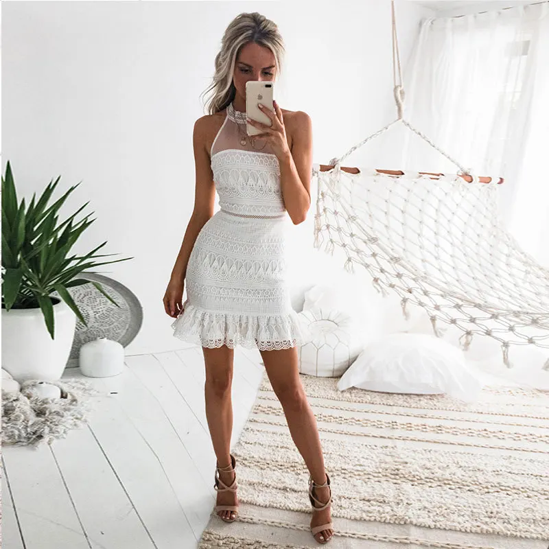 

2022 New Women's Sexy Off Shoulder Dress Summer White Dress Sleeveless Lace Neck Dress Skinny Celebrity Night Club Party Dress