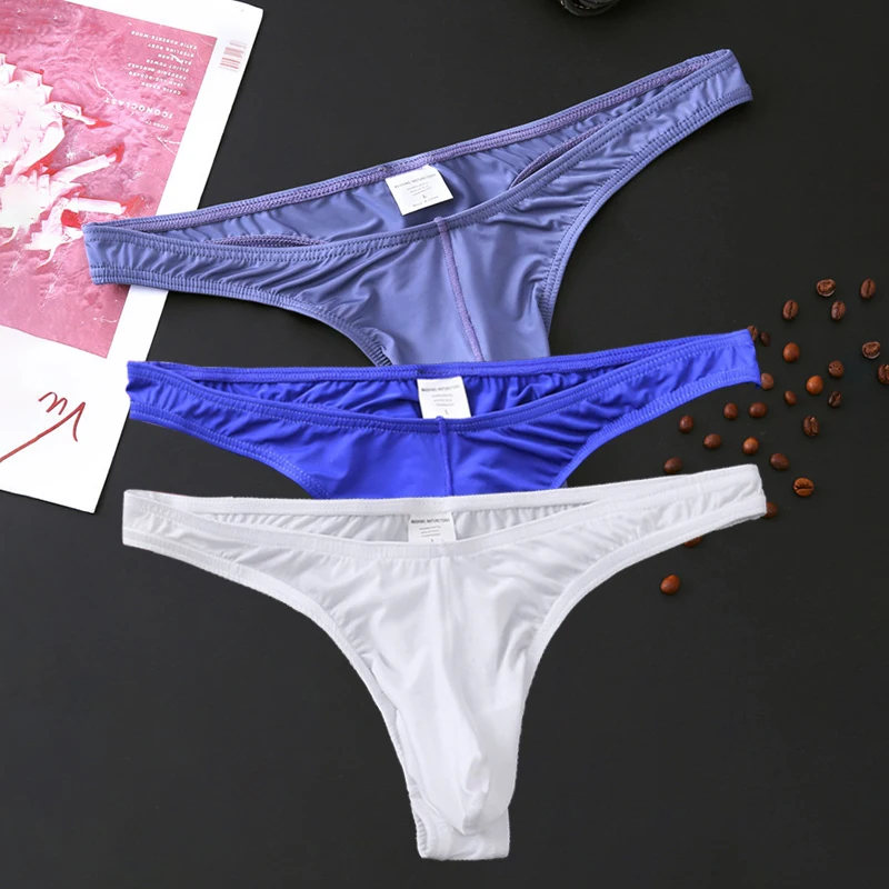 

1Pcs Men Panties Sexy Pink Ice Silk Delight Briefs Solid Color G-String Low Waist Breathable Nylon Thongs Underwear