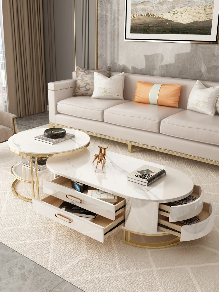 

Современный роскошный кофейный столик, шкафчик для телевизора, комбинация из итальянской каменной плиты для маленькой квартиры, Овальный кофейный столик для гостиной