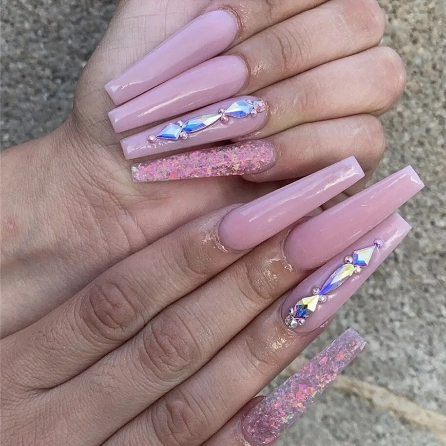 

24P Full Cover False Nails Glitter Pink Rhinestone Long Ballerina Coffin Fake Nails Detachable Press on Nails Manicure Tips