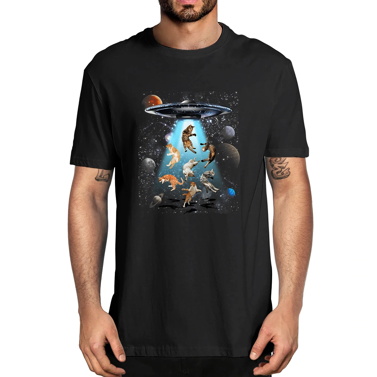 

100% Cotton Galaxy Cat UFO Funny Alien Lovers Graphic Summer Men's Novelty T-Shirt Women Casual Streetwear Harajuku Tee EU Size