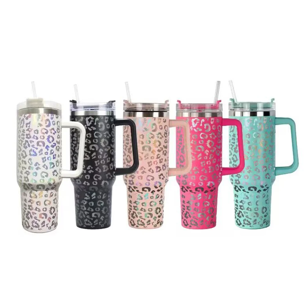 

40oz Stainless Steel Leopard Insulation Cup Portable Car Water Bottle with Lid Straw Handdle Laser Engraved Forwater Mug Cups