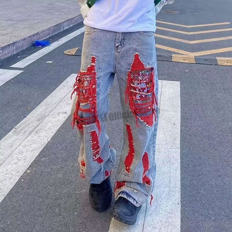 

European American Vibe Style Men's Retro Fashion High Street Hip-hop Heavy Industry Embroidery Women's Loose Jeans Trousers Tide