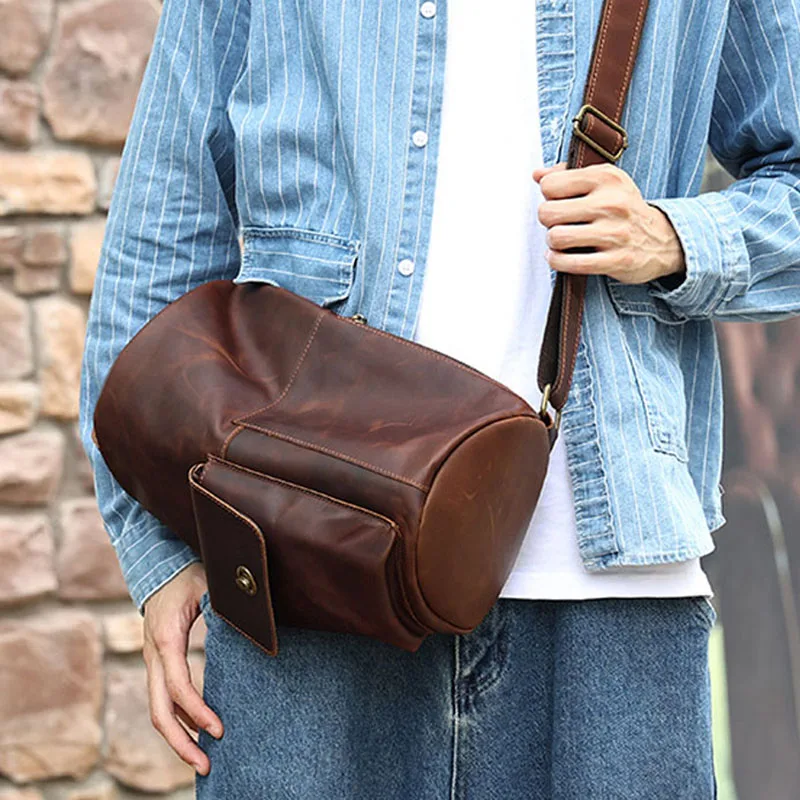 AETOO2022 Crazy Horse leather retro messenger bag niche fashion trend cylinder bag leather messenger shoulder bag chest bag men'