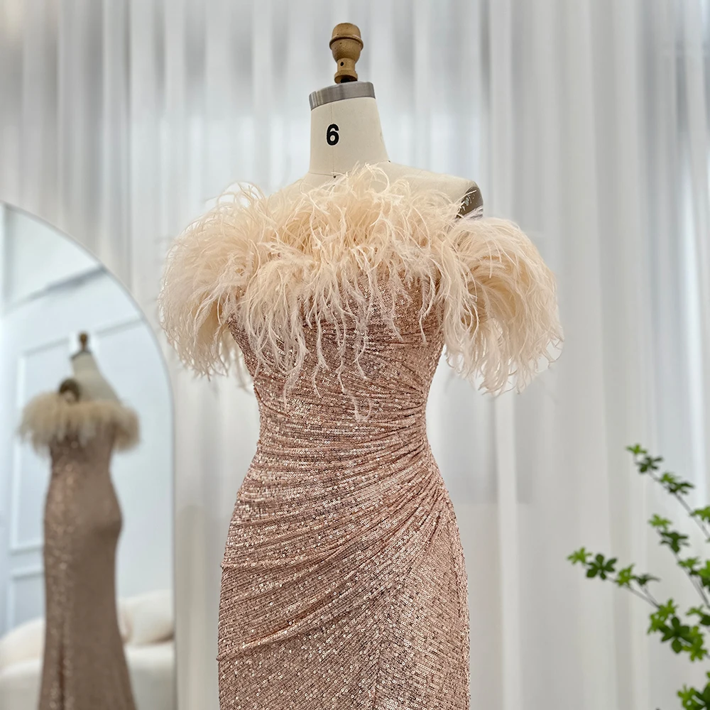 Jancember Luxury Feathers Slim High Slit Evening Dresses For Women Wedding Party Elegant Long Sparkling Prom Formal Gown SCZ068