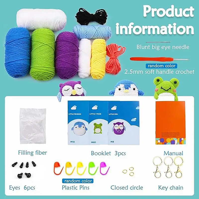 Набор для вязания пряжи начинающих 3 узора животные сова пингвин лягушка набор
