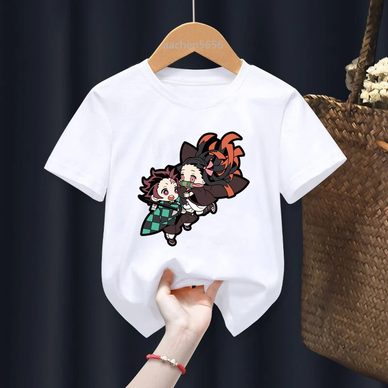 Demon Slayer Cartoon Print Red Kid T-shirts Children Baby Black Harajuku Kawaii Clothes Boy Girl Tops Gift Present ,Drop Ship