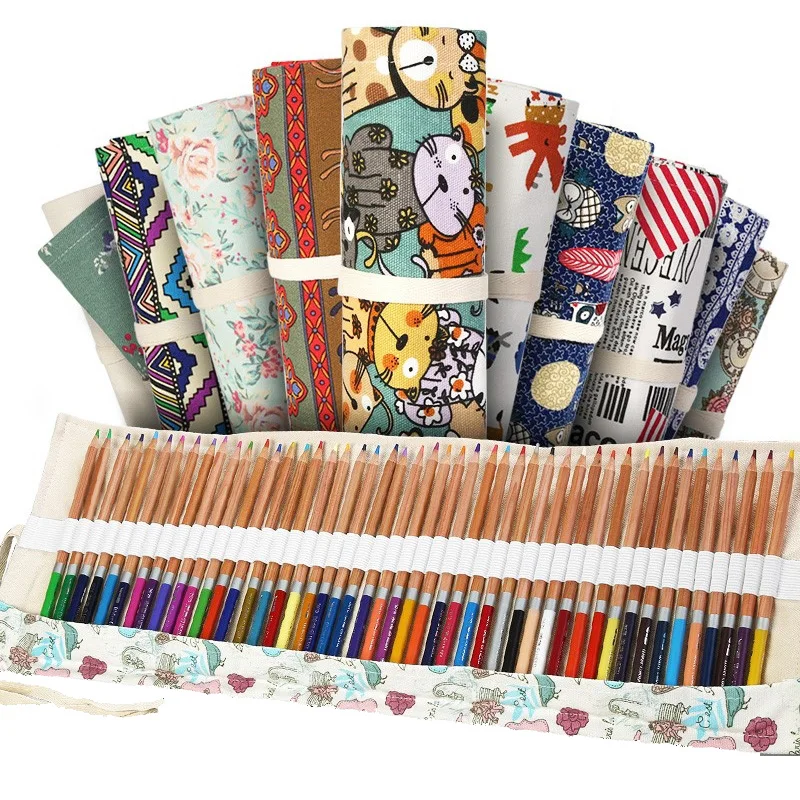 Case School Supplies Student Art Pen Bag Pouch Canvas Pen Wrap Roll Makeup Cosmetic Brush Pen Storage Stationery
