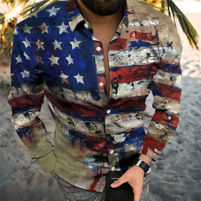 Spring Autumn Fashion Social Men's Shirts Lapel Button-Up Shirts Casual Geometric Print Long Sleeve Tops Men's Cardigan