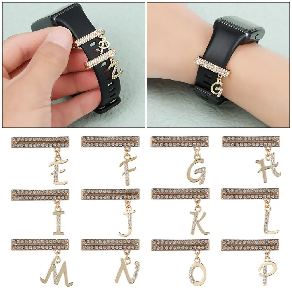 

26 Letters Metal Charms Diamond Decorative Ring Creative Smart Watch Silicone Strap Accessories for Apple Watch Band