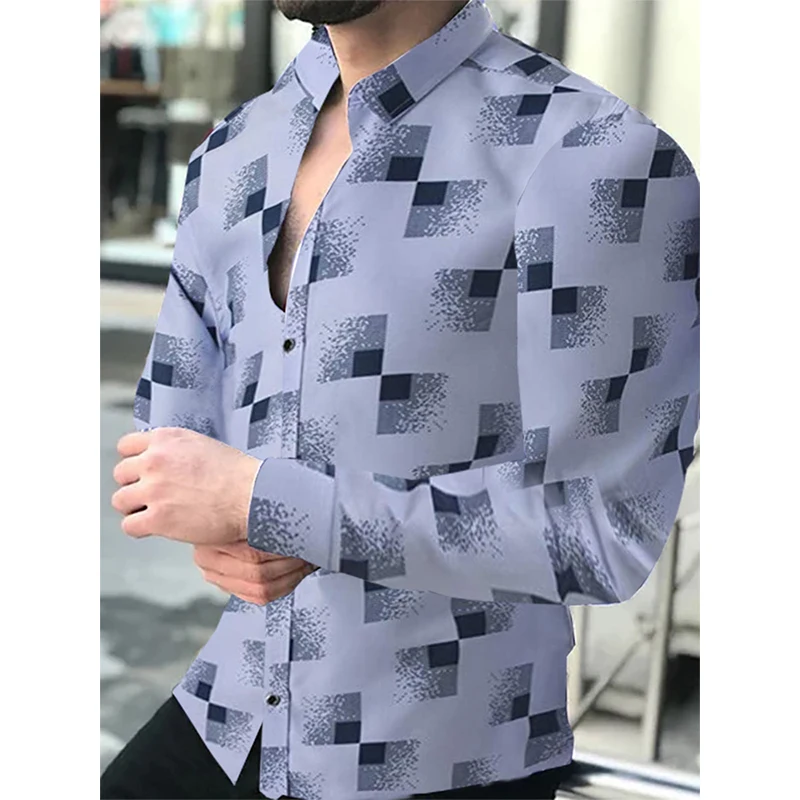 Luxury Men's Turn-down Collar Shirts Lattice Print Casual Button Down Shirt Long Sleeve Tops Prom Party Cardigan