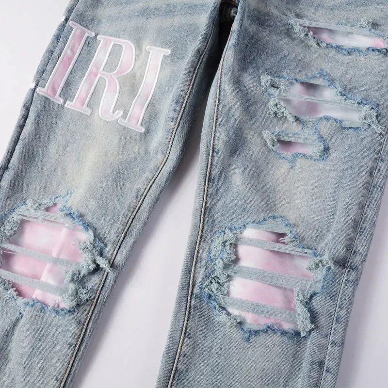 Street Fashion Men Jeans Retro Light Blue Elastic Stretch Skinny Fit Ripped Jeans Men Pink Patched Designer Hip Hop Brand Pants