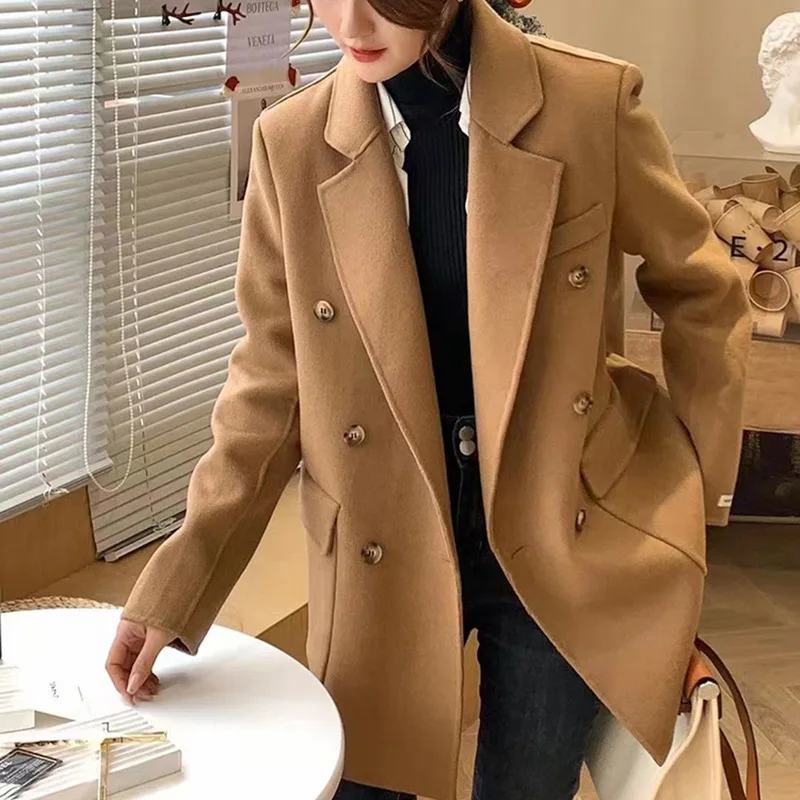 

2023 Autumn/Winter Double breasted Double faced Wool Suit Coat Women's Commuter Casual Coat Pocket Double breasted Coat