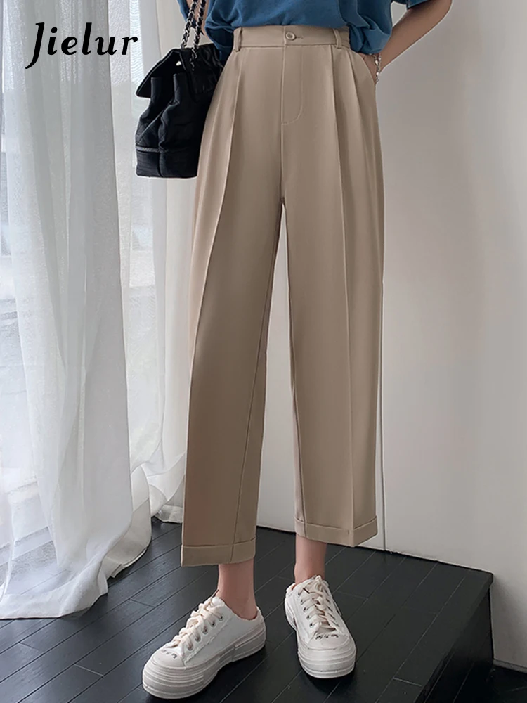 Jielur корейские Костюмные брюки женские розовые красные хаки черные Капри осенние