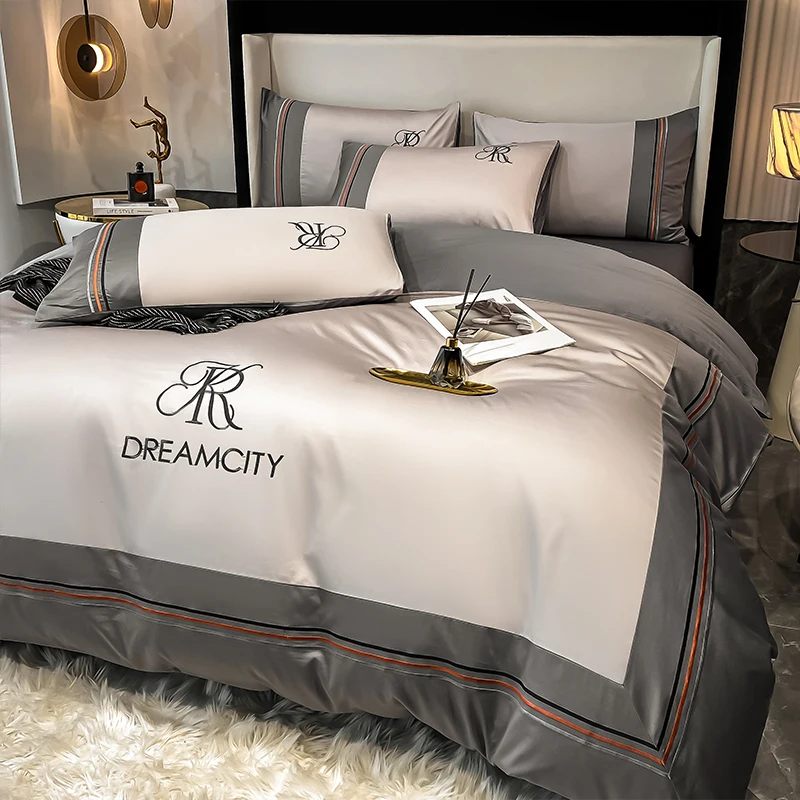 

Luxurious long staple cotton four piece quilt cover 100% cotton bedspread fitted sheet spring and autumn satin bedding set