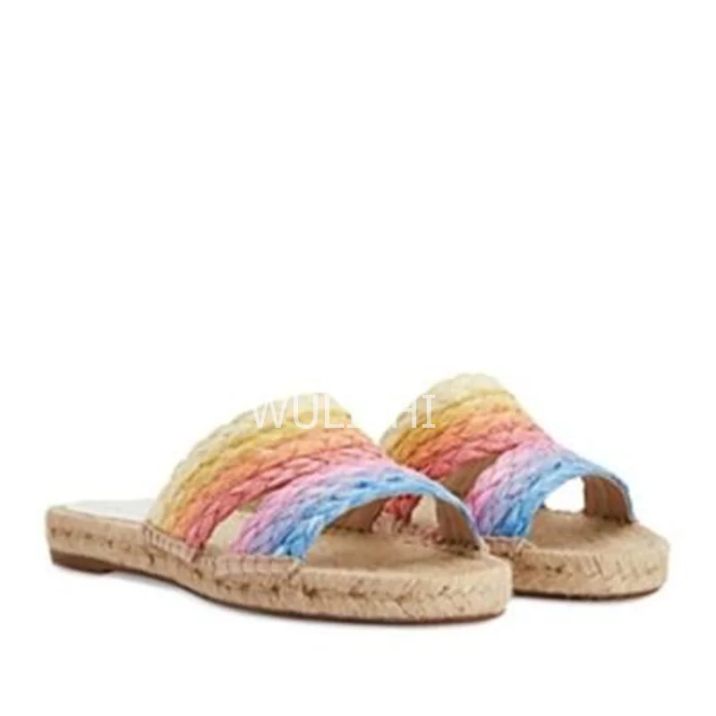 Women Rainbow Colored Woven Slippers Flat Casual Open Espadarille Design Gladiator Pink Graffiti Sandals Summer Fashion Shoes