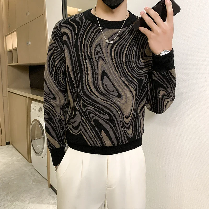 Мужской модный свитер с длинным рукавом и круглым вырезом географическим узором