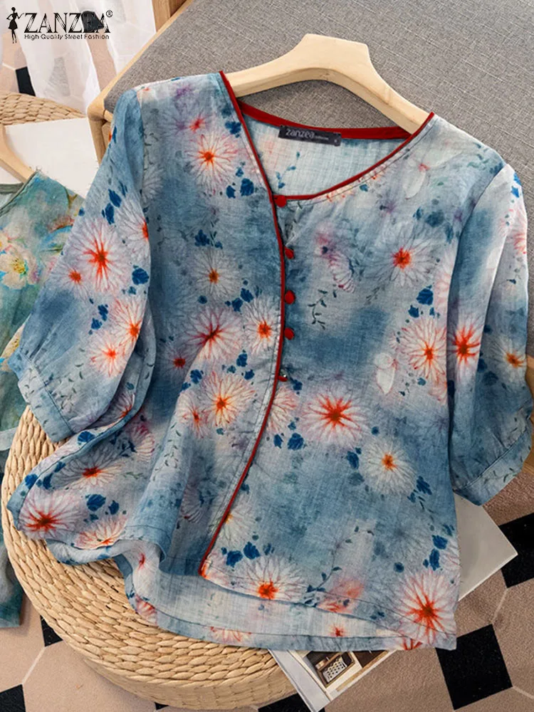 

Women Flower Printed Shirts ZANZEA Bohemian Retro Tops Vintage 2023 Autumn 3/4 Sleeve Holiday Blouses Fashion Buttons Tunics