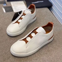 supple light beige deerskin triple stitch sneakers luxury mens casual shoes leather lining extra light rubber sole