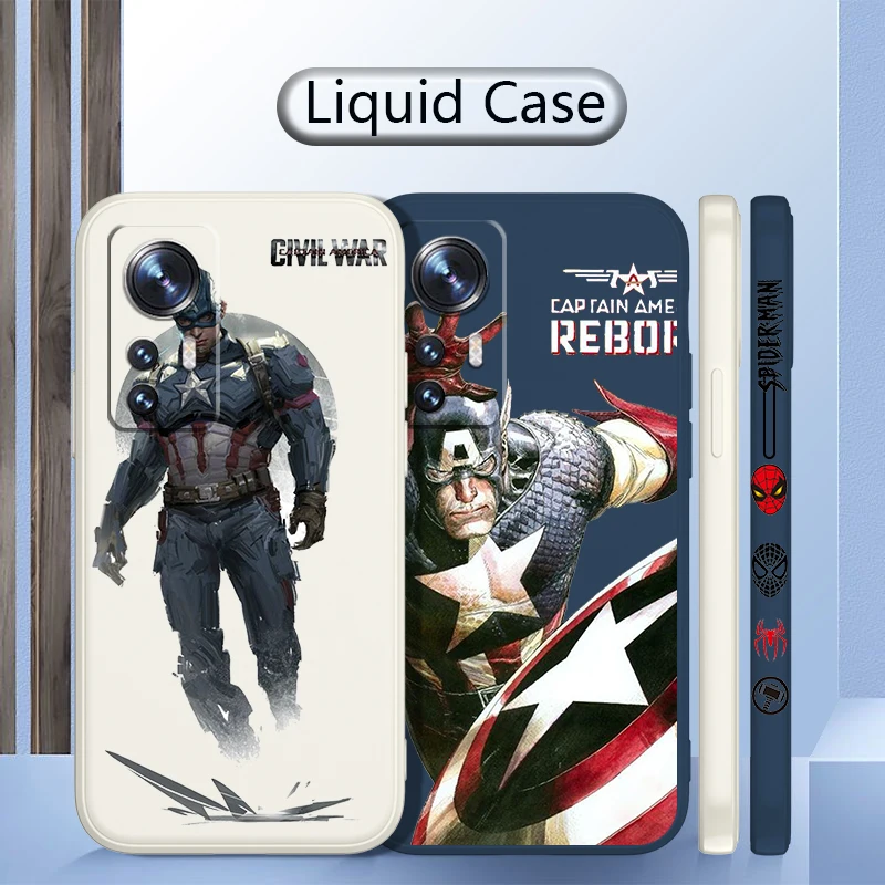 

Superhero Captain America For Xiaomi Mi 12 11 11T 10 10T 9 9SE Lite Pro Ultra A3 Liquid Left Rope Silicone Phone Case