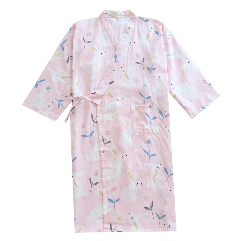 

Ladies Spring Summer Cotton Yarn Thin Nightgown Cartoon Rabbit Print Yukata Sweat Steaming Japanese Kimono Pajamas Home Robes