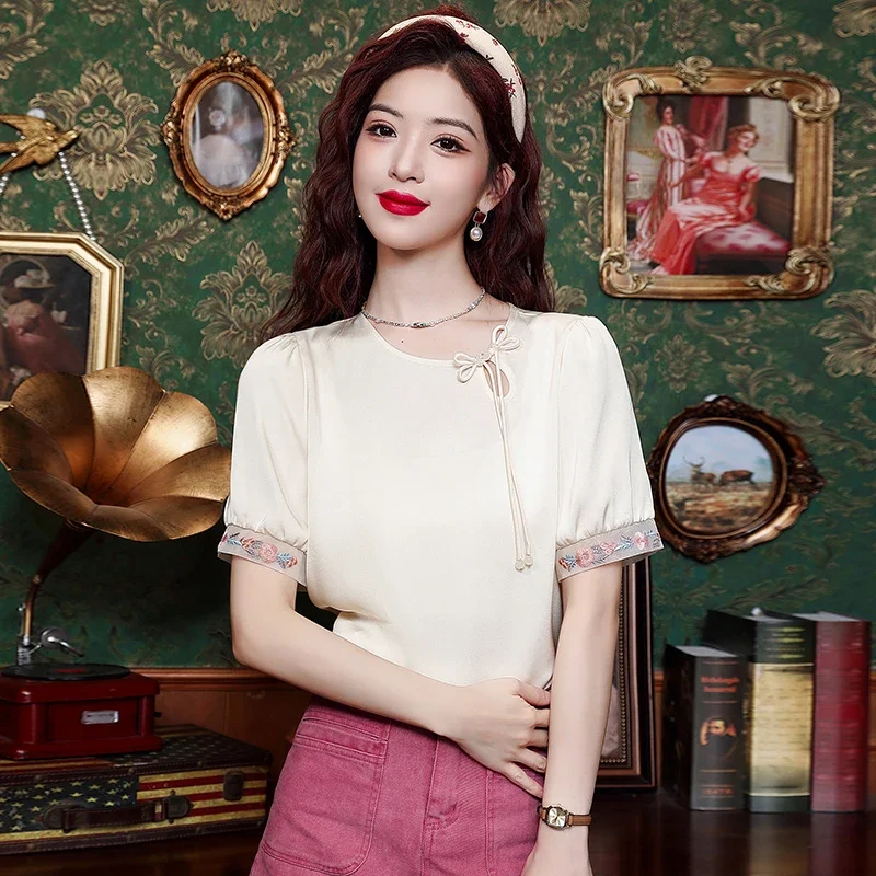 Летняя женская блузка с коротким рукавом и круглым вырезом шифоновая бахромой