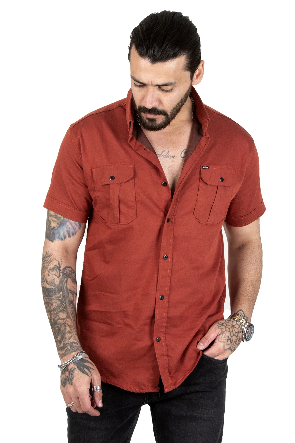 DeepSEA lycra slim cut buttoned short sleeve men's denim shirt 2201885