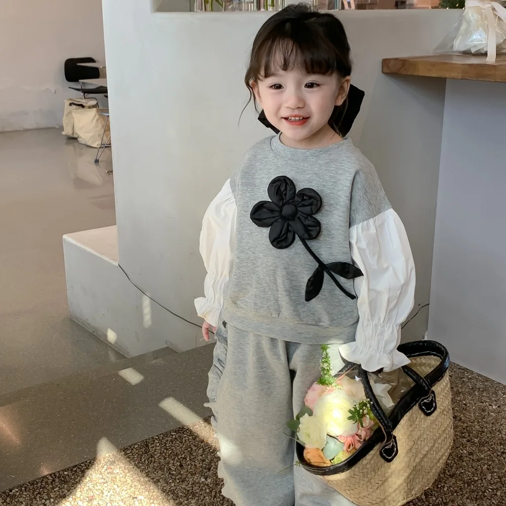 

Новинка весны 2023, детская одежда, модный детский свитер и брюки для девочек в Корейском стиле с цветочным принтом, костюм из двух предметов