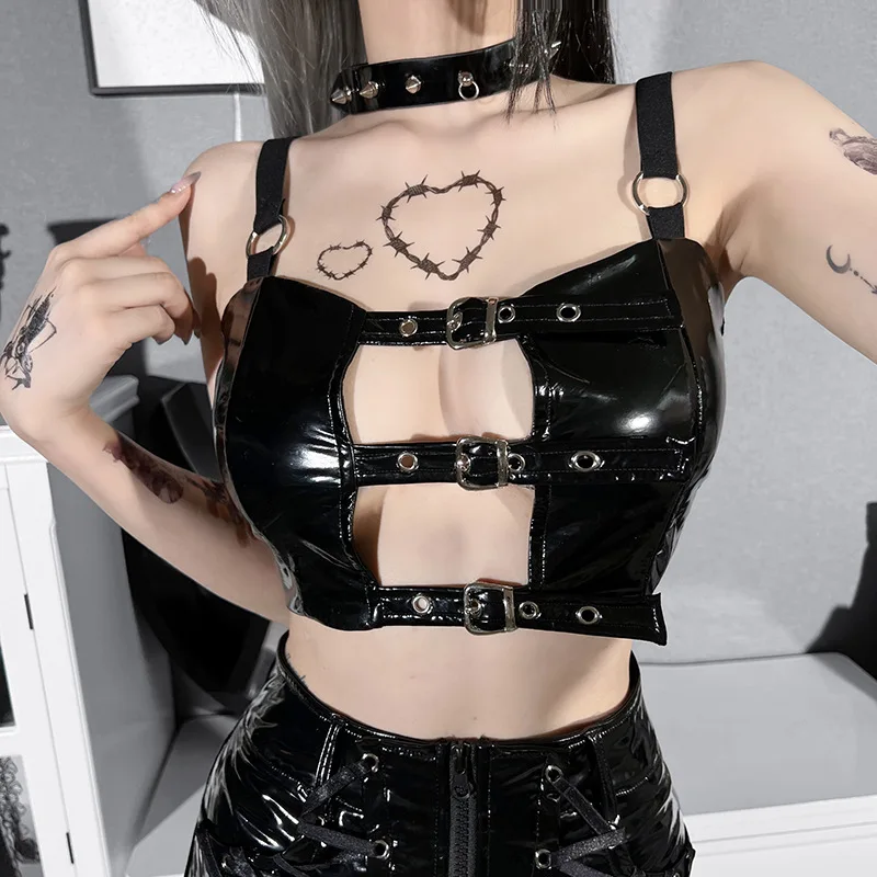 

Black PU Leather Spaghetti Strap Front Buckle Hollow Out Y2K Gothic Crop Top Sexy T-shirt Women Rock Punk Street Clubwear